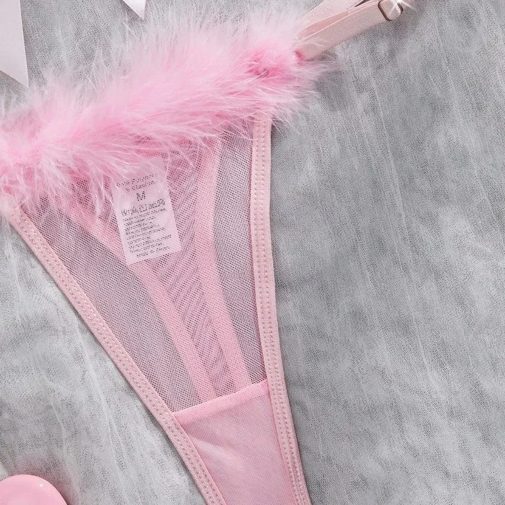 Sweet Furry Women's Underwear Mesh Transparent Wireless Lingerie Set Romantic Intimate Bow Decor Bra Panties Suit Christmas