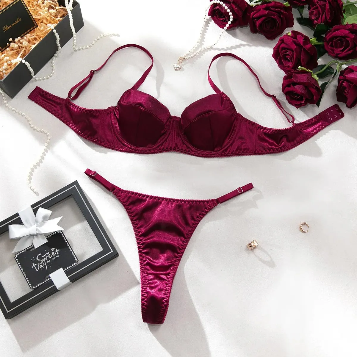 Push Up Underwire Satin 2 Pcs Sexy Bra Set Women Underwear Patchwork Bras and Thongs Suits Attractive Bilizna Intimate Set