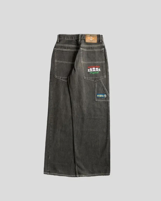Y2K Jeans Longgar Bordir Hewan Kelelawar Celana Denim Gotik Hip Hop Hitam Pria Antik Celana Panjang Kaki Lebar Lurus Wanita Mode