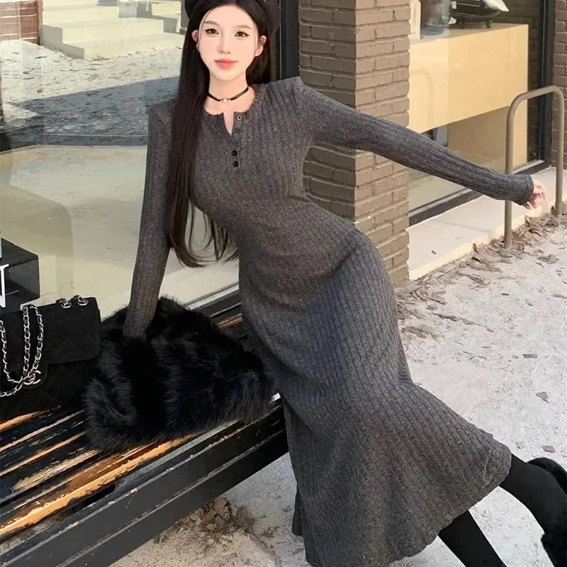 Smvp Gaun Rajut Pinggang Tinggi Ramping Elegan Gaun Panjang Hangat Tebal Lengan Panjang Musim Gugur Musim Dingin Wanita Vestidos Pakaian Jalanan Antik — image 6
