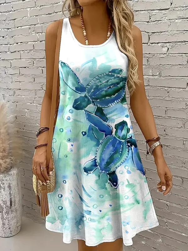 Women's Off Shoulder Sleeveless Crew Neck A-Line Mini Dress Turtle Print Casual Spring Summer Beach Vacation Dress