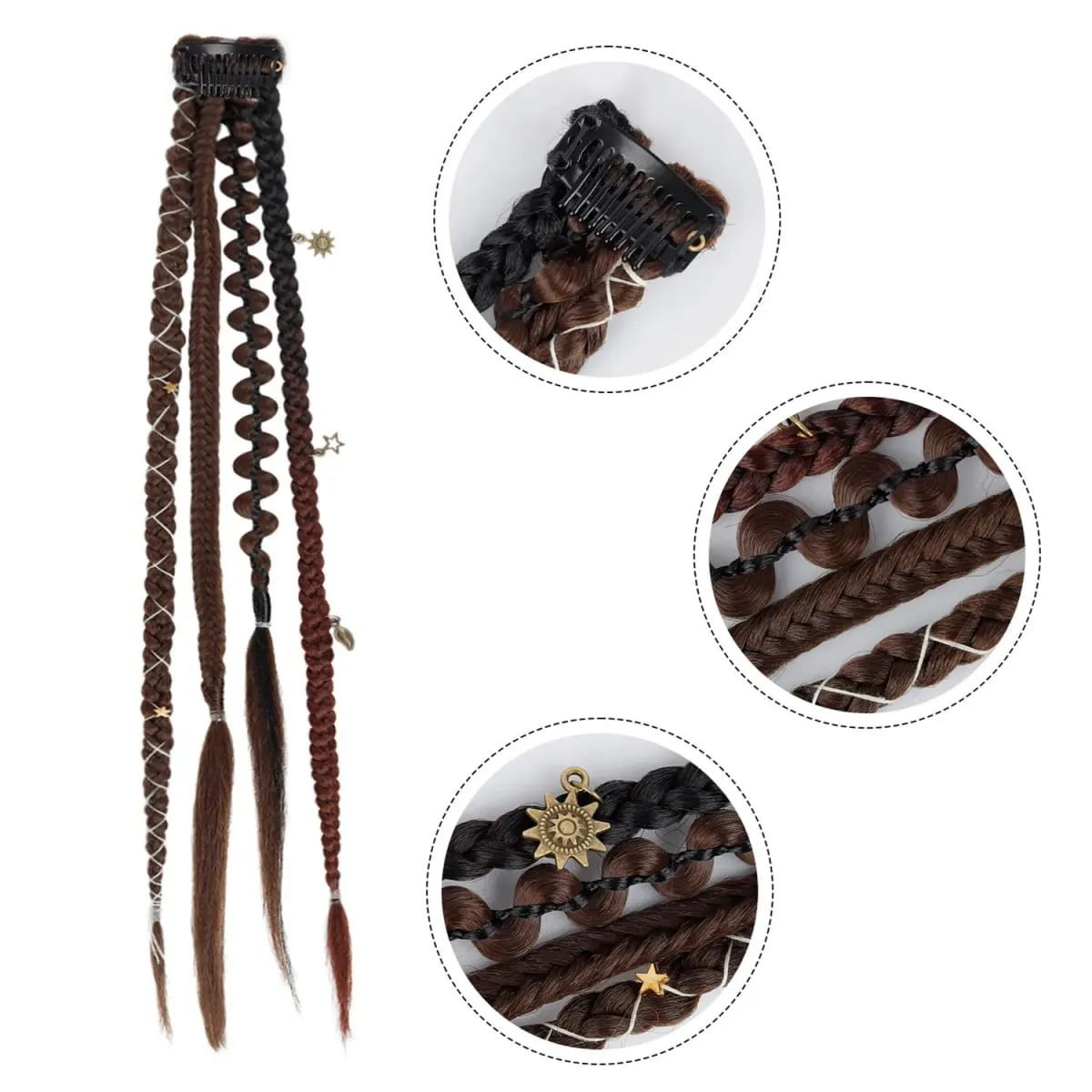 2Pcs Clip in Braided Hair Extensions for Women 16/20 Inch Handmade Synthetic Boho Clip in Braid Hairpieces with Beads & Charms
