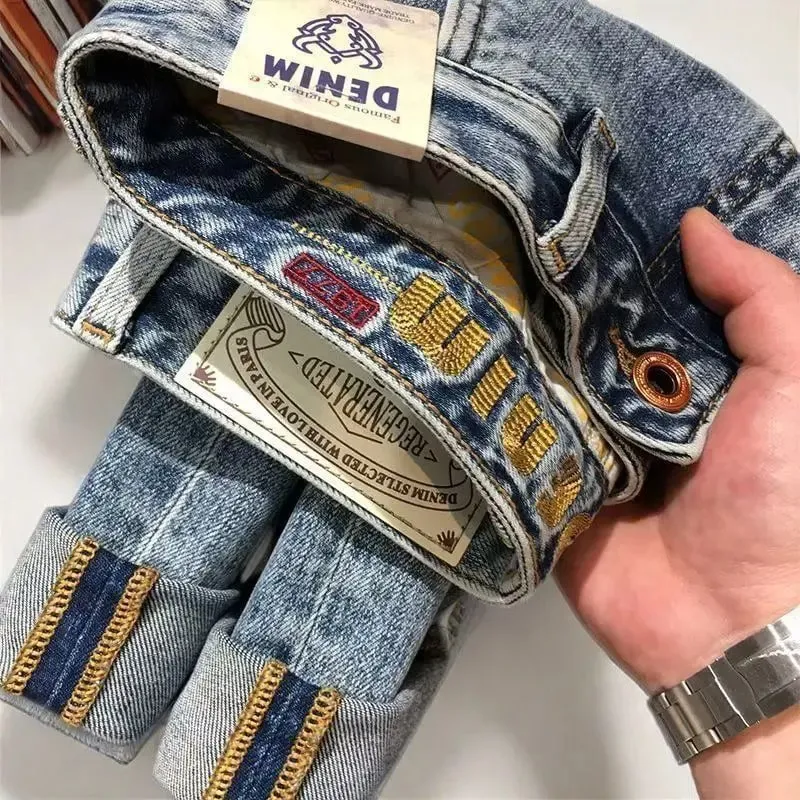 Embroidery Slant Pocket Jeans Men's Trendy Brand Embroidery Slim-fit Elastic Small Straight Blue Fashion Casual Trousers Men