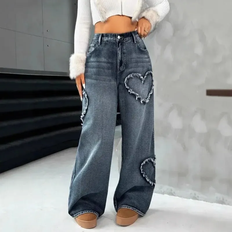 Amerikanische Retro Jeans mit ausgefransten Kanten und Patchwork, stark gewaschen, Unisex, Streetwear, locker, gerade, weit geschnittene Hose 21095
