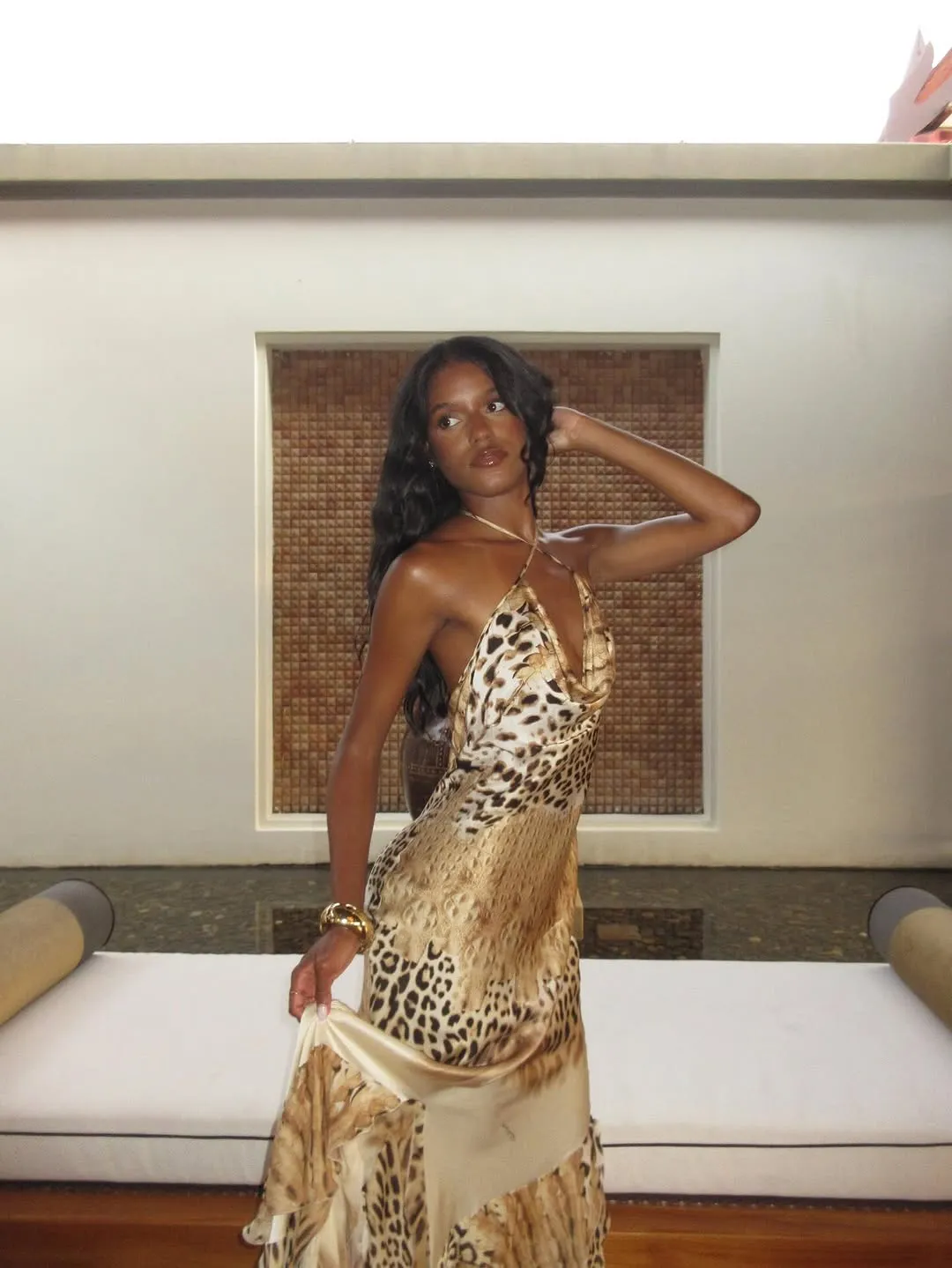 Women's Leopard Print Long Maxi Dress Halter Neck Plunge Front Tiered Ruffle Mermaid Skirt Elegant Party Cocktail Daily Gowns