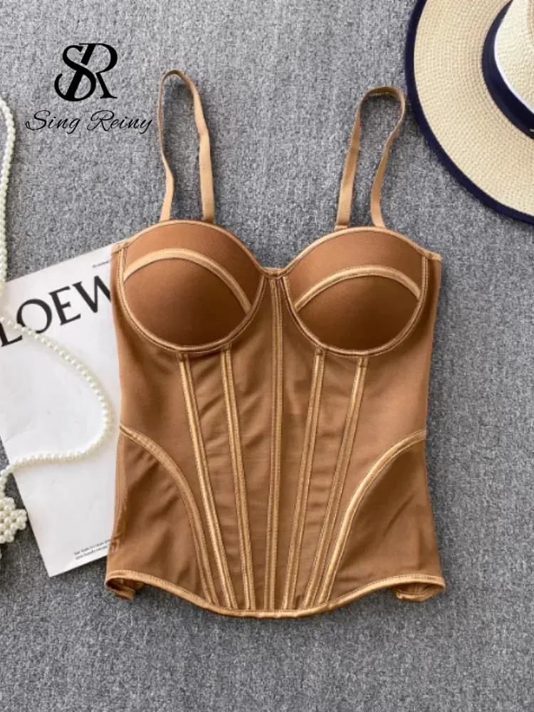 2026 Luxury Mesh Corset Camisole Women Strap Solid Lingerie Top Summer High Quality Tummy Control Sheer Party Tank Top