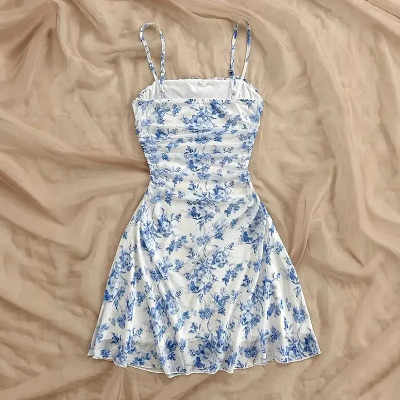 Verão feminino elegante floral mini vestido moda dobra cintura alta magro a linha vestidos senhora sexy sem costas cinta de espaguete vestido de verão