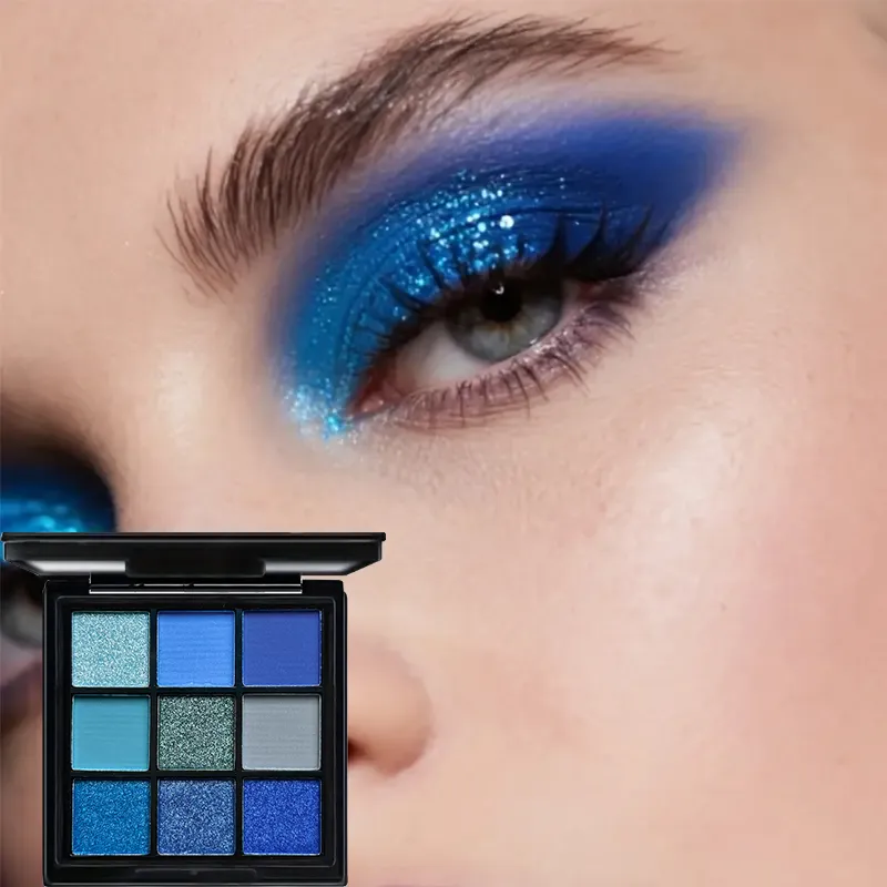 Luxurious Blue 9 Color Eyeshadow Palette - Velvet Matte and Shimmer Effect Durable Waterproof Long-Lasting Smoky Eye Makeup