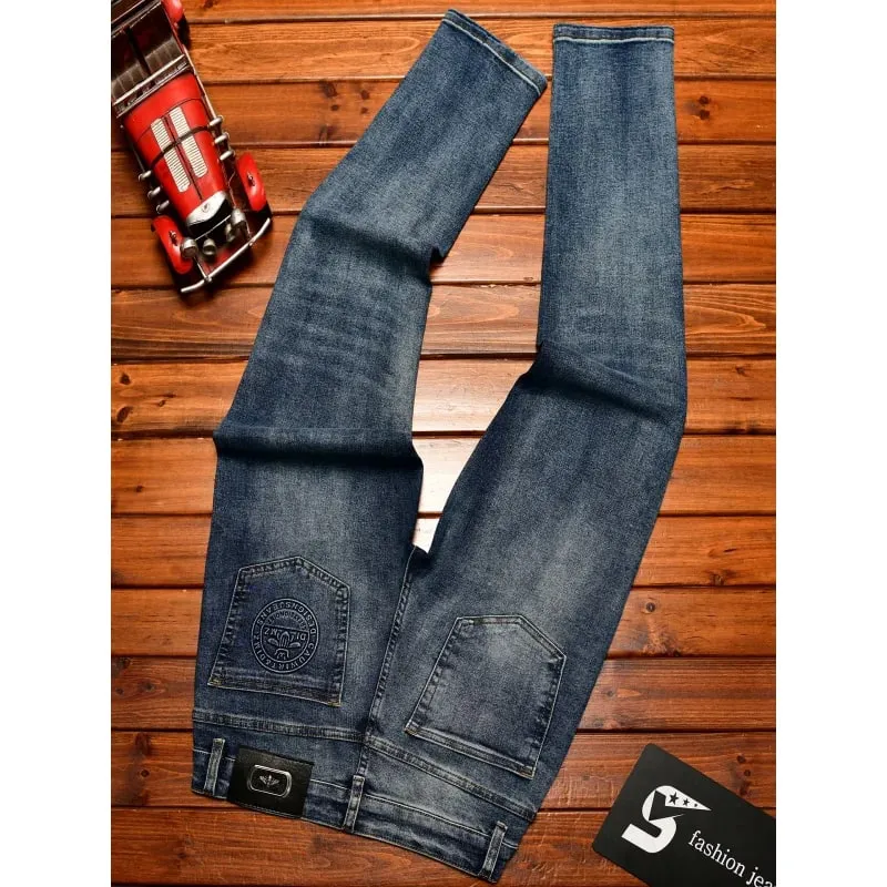 Light luxury jeans men's slim fit small straight tube trendy and fashionable stretch denim simple autumn pants