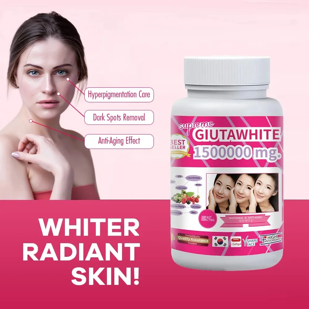 Gluta White 1500000mg Skin Whitening & Antioxidant Detox Supplement for Women & Men Aging Defense Blood Balance Immune Health