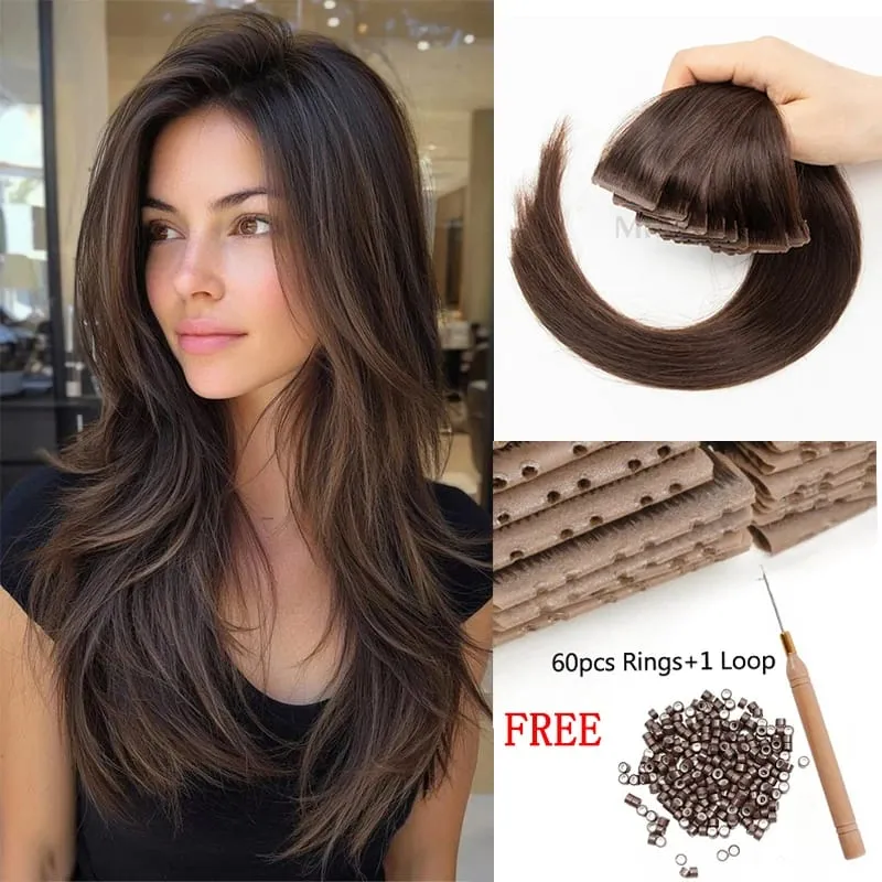 Butterfly Weft Hair Extensions Human Hair Glue-Free Double Invisible Weft with Micro Beads Natural Volume and Length 12-24Inches