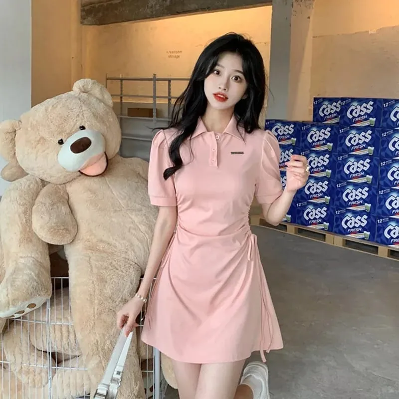 2026 Korean Style Women Pink Polo Collar Short Sleeve Dress Drawstring Waist Slim Sweet Spicy A-Line Mini Dresses