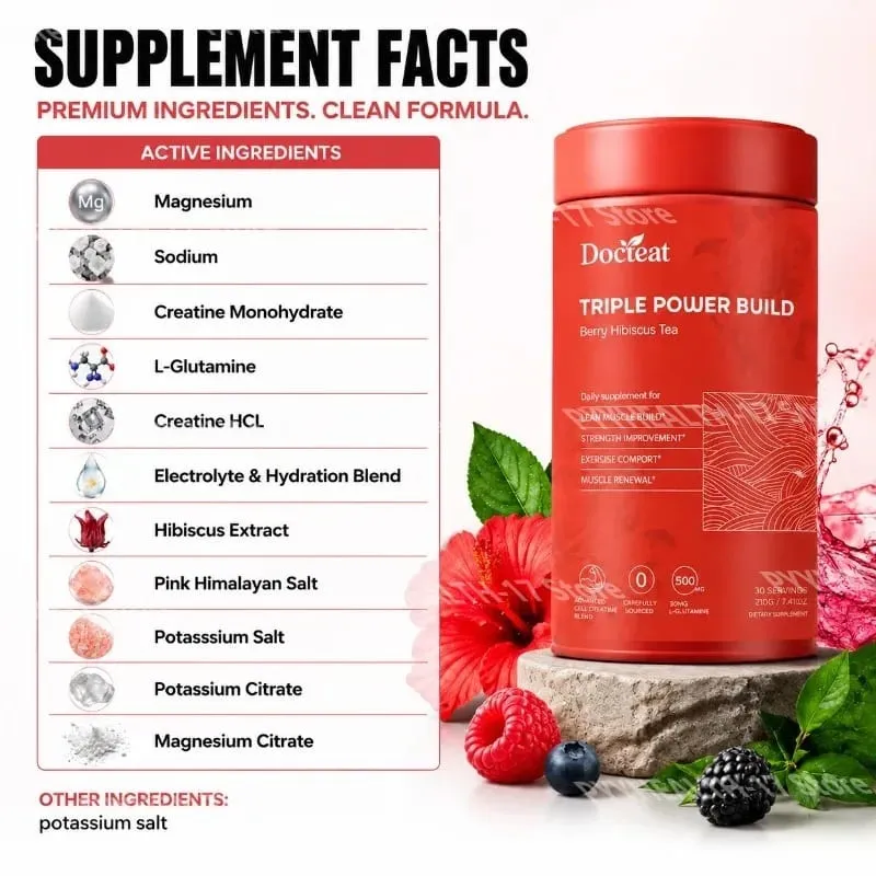 Docteat Triple Power Build Creatine Powder with Creatine HCL Creatine Monohydrate Electrolyte Hydration Blend 30 Servings — image 2