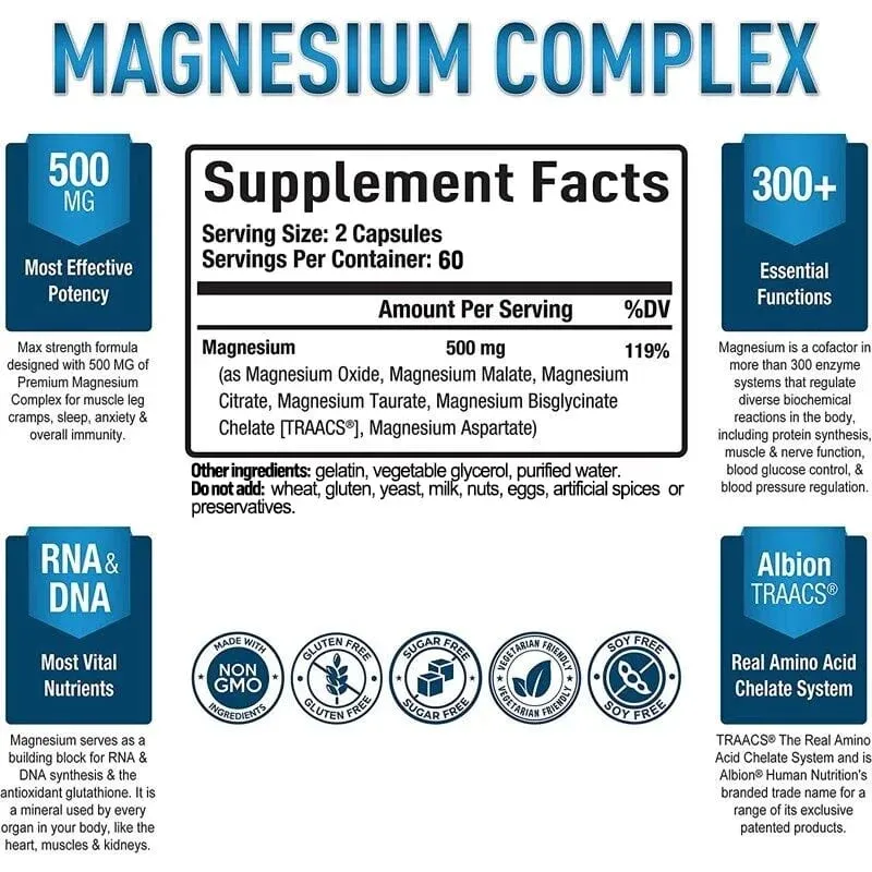 Magnesium Complex Capsules - Muscle and Cardiovascular Health Supplement Sleep Stress and Anxiety Formula