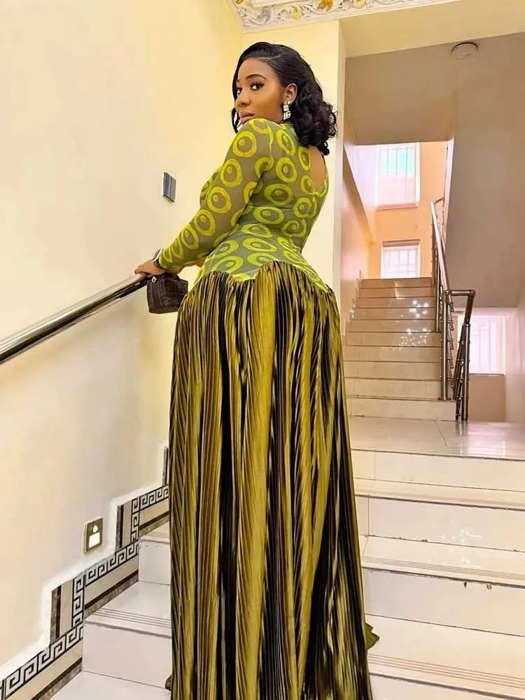 Elegant Olive Green Dresses High Waist Long Sleeve Maxi Dress for Woman Evening Party Pleated Dress Stretch Fabric for Dress