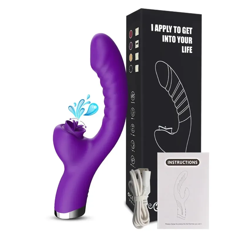 FairyKiss Dildo Vibrator för kvinnor 2-i-1 tungan slickar klitoris G-Spot Stimulator Vagina Massager Kvinnlig Sucker Vuxen Sexleksak