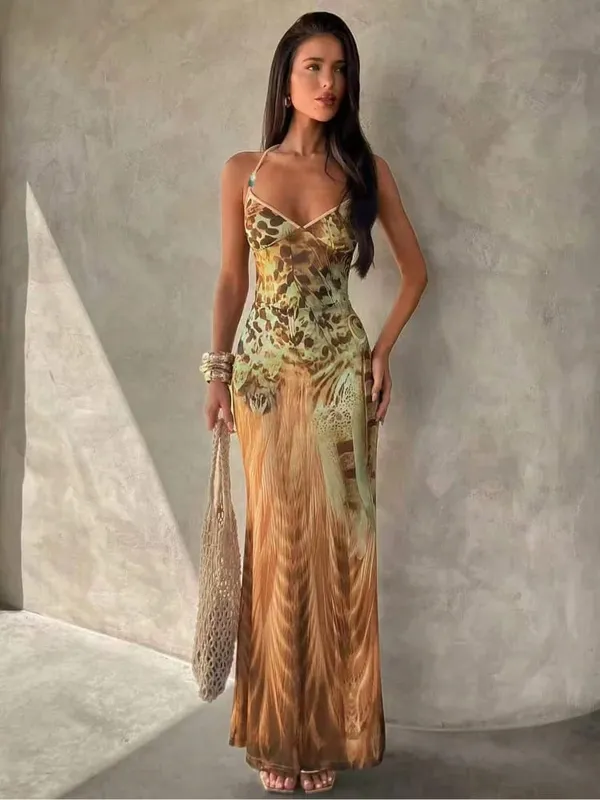 Women's Leopard Print Long Maxi Dress Halter Neck Plunge Front Tiered Ruffle Mermaid Skirt Elegant Party Cocktail Daily Gowns