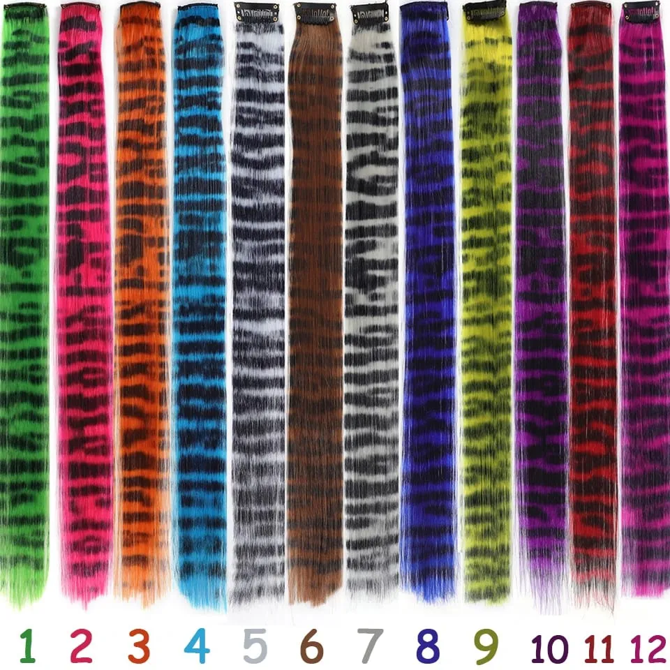 1pc/set Stripe Printed Hair Colorful Long Straight Hair Pieces Synthetic Clip-in Hair Extensions for Daily Use Party Halloween