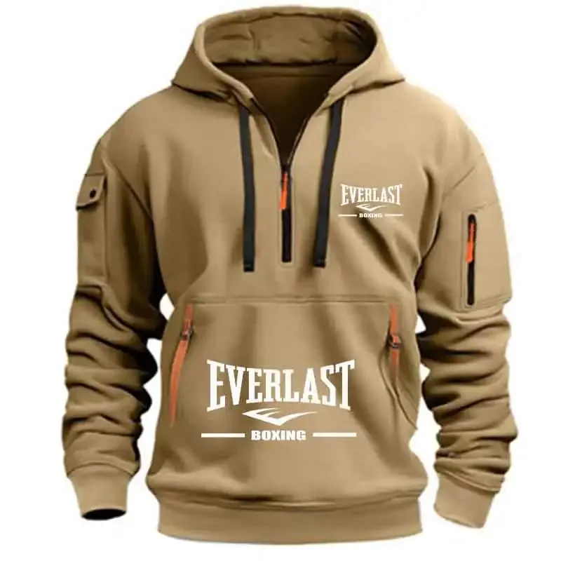Men's Fashion Casual Hoodie Multi-pocket Sports Long-sleeve Sweatshirt Up Down Print Warm Half Zip Hooded Fitness Pullover Good