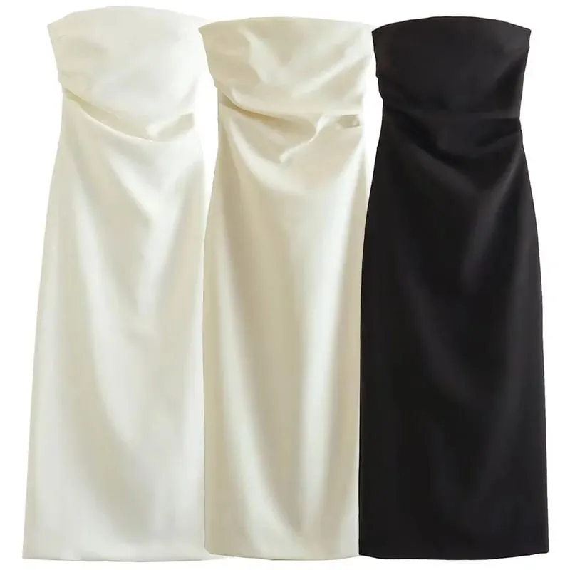 2025 Womens Strapless Dresses Summer Off White Black White Dress Midi Ruffled Off Shoulder Backless Dress Prom Vestidos 066