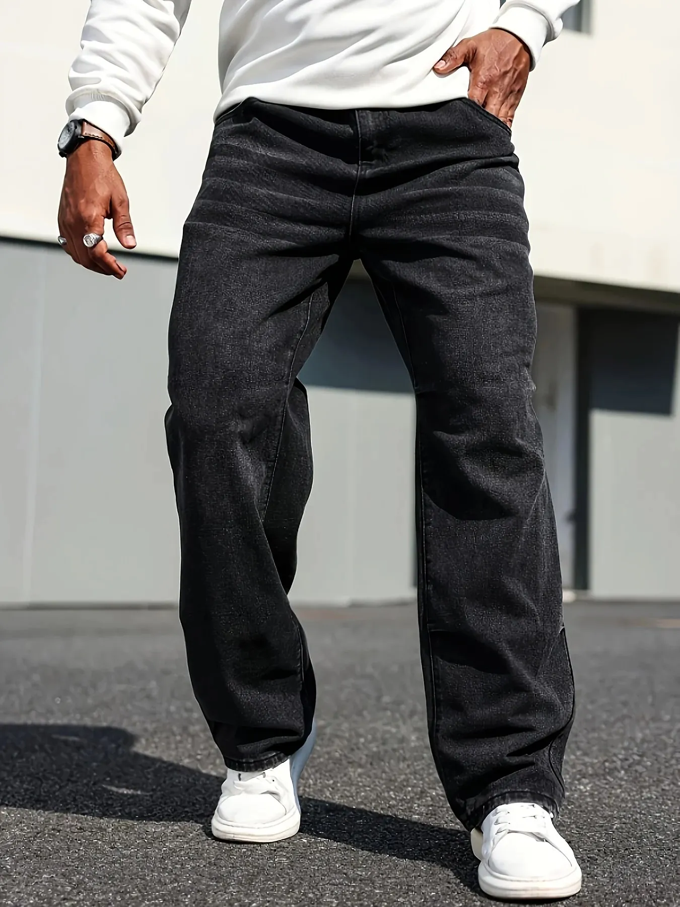 Klassiske jeans med lige ben til mænd - bomuldsblanding mørkeblå denim, ikke-stretch-komfortpasform til hele sæsonen med skrå lommer