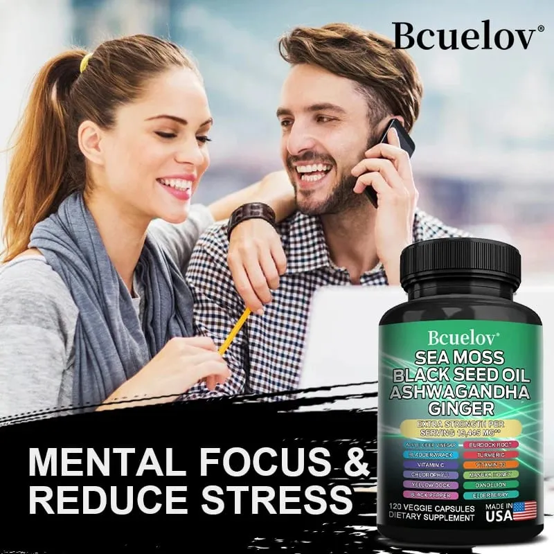 All in One Supplement with Sea Moss Black Seed Oil Ashwagandha Ginger Enhanced Immunity & Energy 120 Capsules