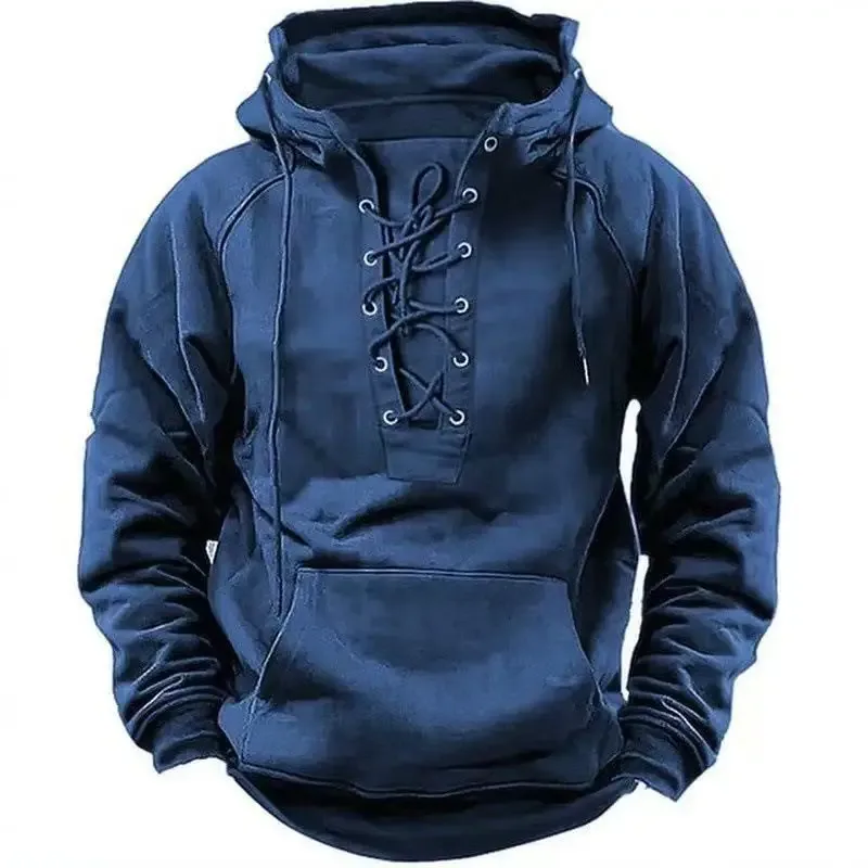 Autumn Fashion Mens Hooded Sweatshirts Lace-up Drawstring Long Sleeve Loose Hoodies Men Streetwear Vintage Solid Color Hoodies