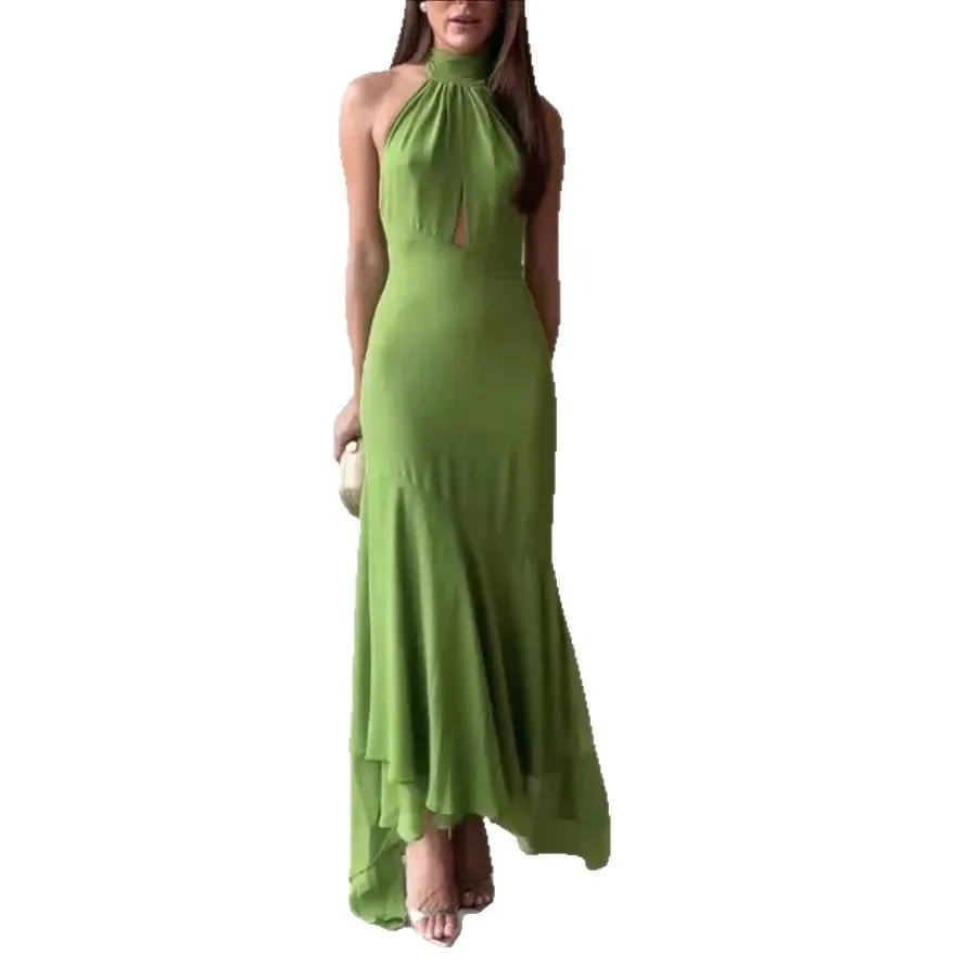 Temperament Halter Neck Long Dresses Women Green Backless Leace-up Irregular Package Hip Party Dress Elegant Banquet Vestidos