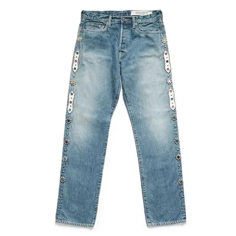 Hirata and Hiroshi 24SS Classic Rivet Set Diamond Vintage Jeans Casual Cowboy Gemstone Craft Men Pants