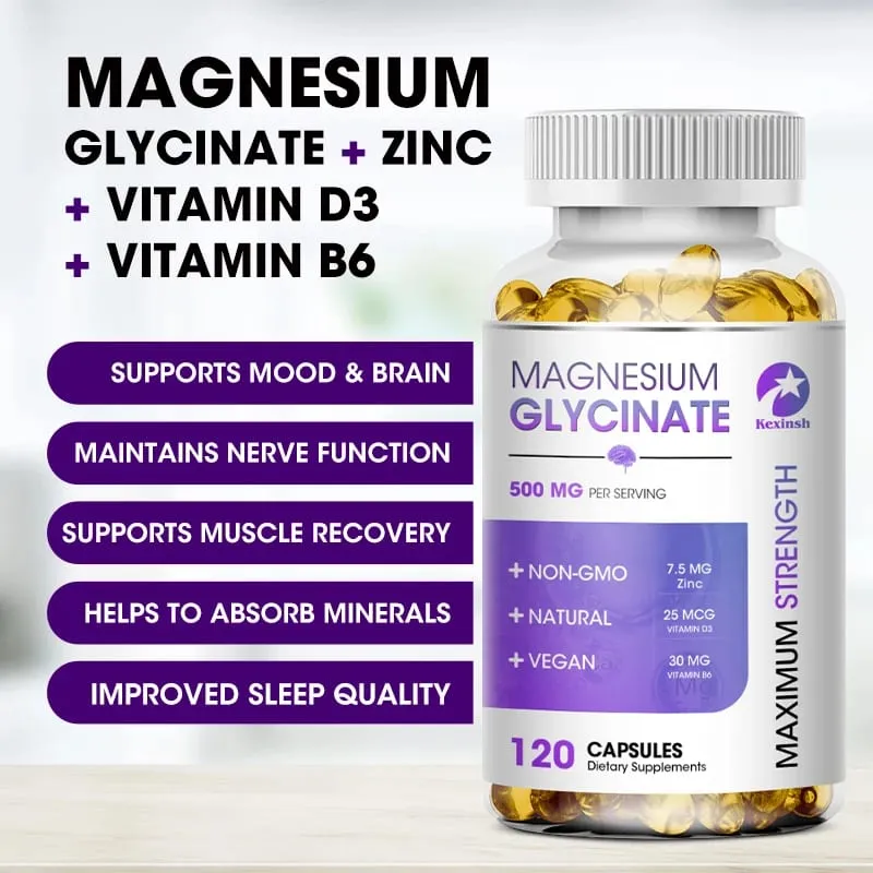 Kexinsh Magnesiumglycinat-Ergänzungsmittel 500 mg mit Zink, Vitamin D3 B6, fördert den natürlichen Schlaf, reduziert Stress und Angst, gentechnikfrei