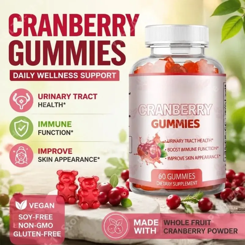 Cranberry Gummies for Urinary Tract Health Support with Vitamin C 40 Mg and Vitamin E 2.7 Mg 60 Gummies