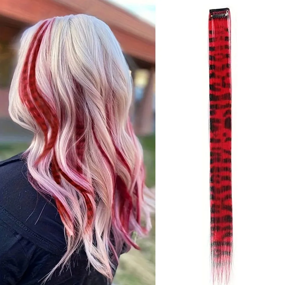 Long Straight Colorful Striped Feather Hairpieces Synthetic Y2K Green Orange Clip in Leopard Print Hair Piece Cosplay Party