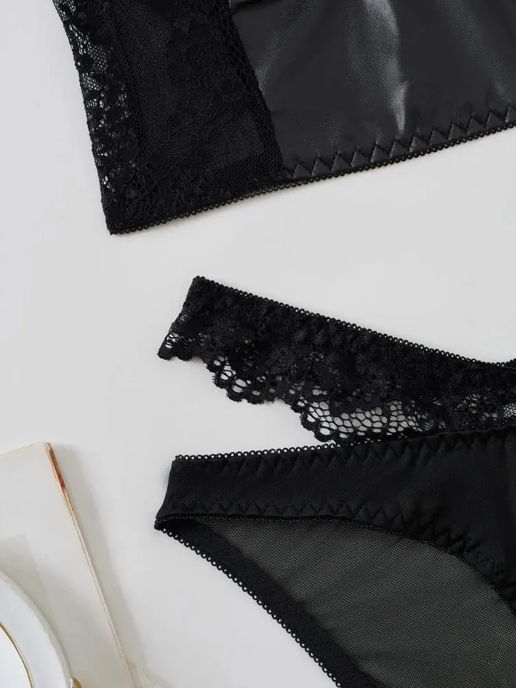 2Pcs Black Lace Bra Set French Style Women Bra Panties Breathable Mesh Underwear Elegant Ladies Ultra Thin Underwear Panties Set