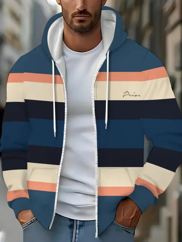 Hoodies for Man Striped Print Full Zip Sweatshirt Outdoor Wear Man Hoodie Fashion Casual Loose Sports Tops Pullover Man Clothing
