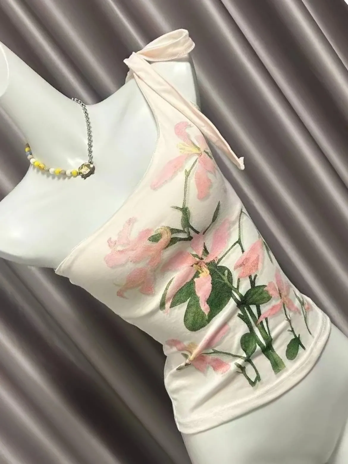 Women Vintage Pink Floral Print One Shoulder Cami Top Tie Strap Slim Flared Hem Cottagecore Boho Summer Sleeveless Casual Blouse