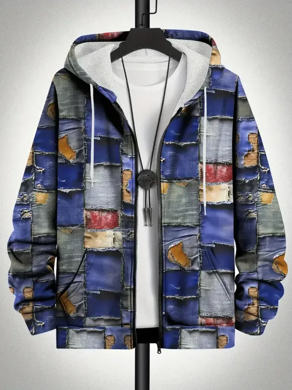 Retro Plaid Print Patchwork Zip Up Hoodie Men's Clothing Hot Style Long Sleeve Pullover Trend Streetwear Men Zip Up Hoodies