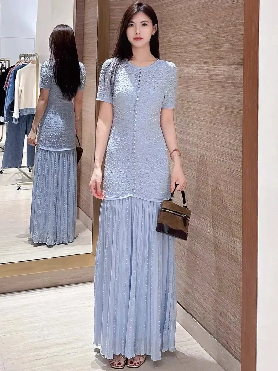 Pearl Decoration Ladies Single-Breasted Knit Midi Dress O-Neck Women's Short Sleeve Slim Fit Splices Long Robes