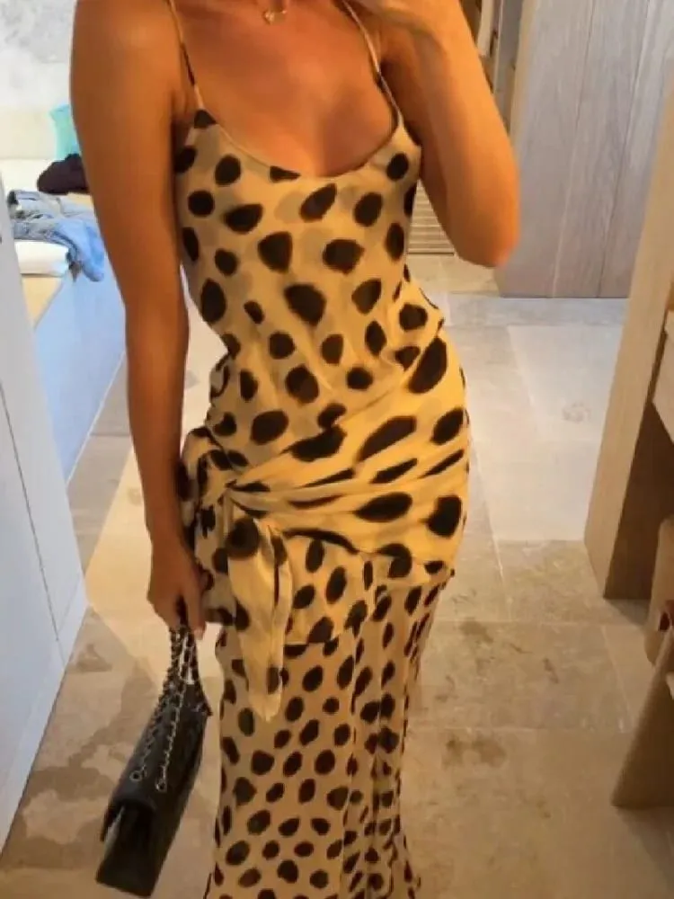 Trendy Slip Dress Animal Print V-neck Ruched Drawstring Sexy Maxi Women Dresses Party Stylish Retro Summer Street Outfits