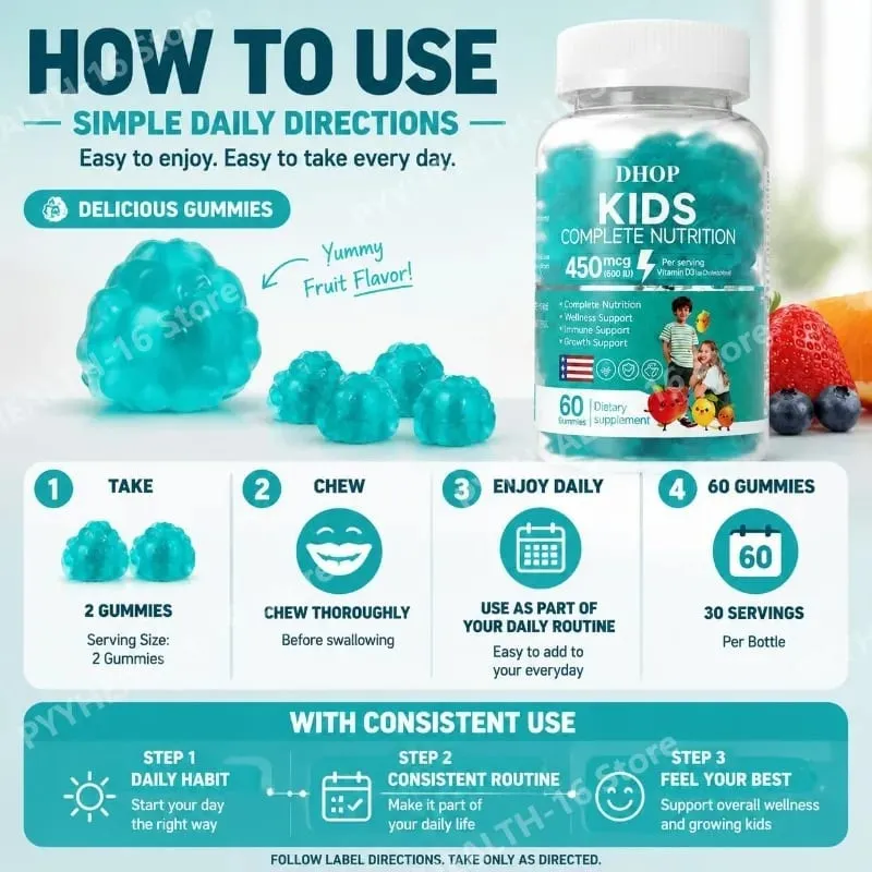Kids Multivitamin Gummies Vitamin D3 C Zinc B Vitamins Immune Support Daily Wellness Nutrition Fruit Flavor 60 Gummies