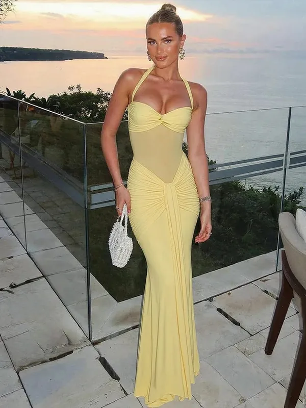 Nibber Halter Mesh Patchwork Dress Women Summer Trend Off Shoulder Backless Ruched Ribbon Midnight Prom Party Hipster Vestidos