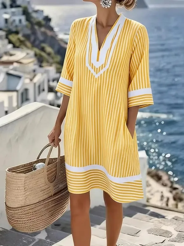 V-Neck Bohemian Print Loose Beach Dress Short Sleeve Sun Cover-Up