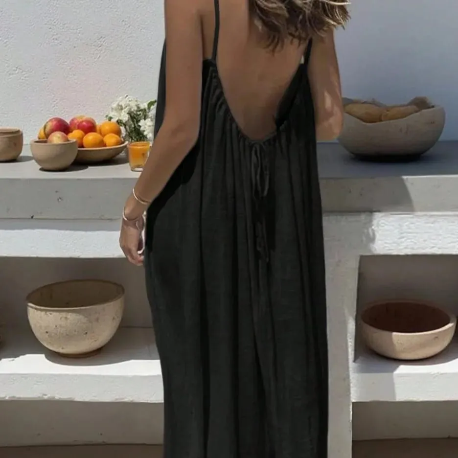 Women's Loose Sundress Sexy Backless Lace Up Slip White Linen Homewear Long Maxi Party Dresses OUFY-20260409001 — image 5