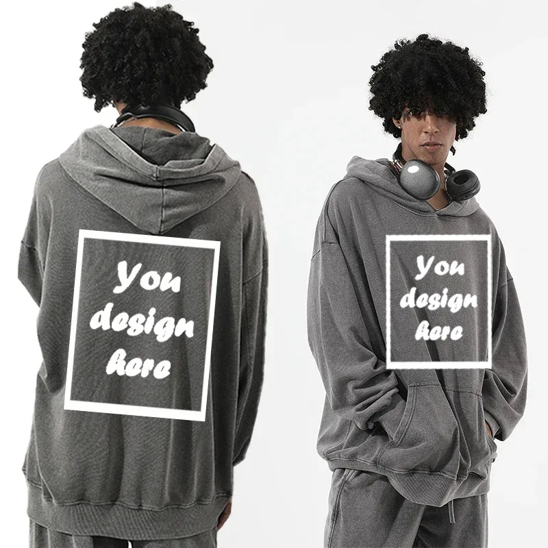 Men's personalized custom-printed washed vintage hooded warm sports wear thick 350 grams comfortable and warm.