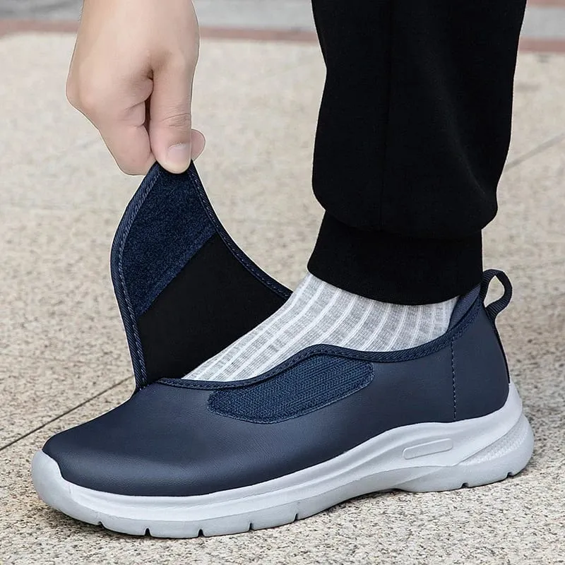 Tênis ortopédico masculino de couro para diabéticos, gancho ajustável e laço, sapatos abertos para pés inchados, sapatos confortáveis ​​para caminhada