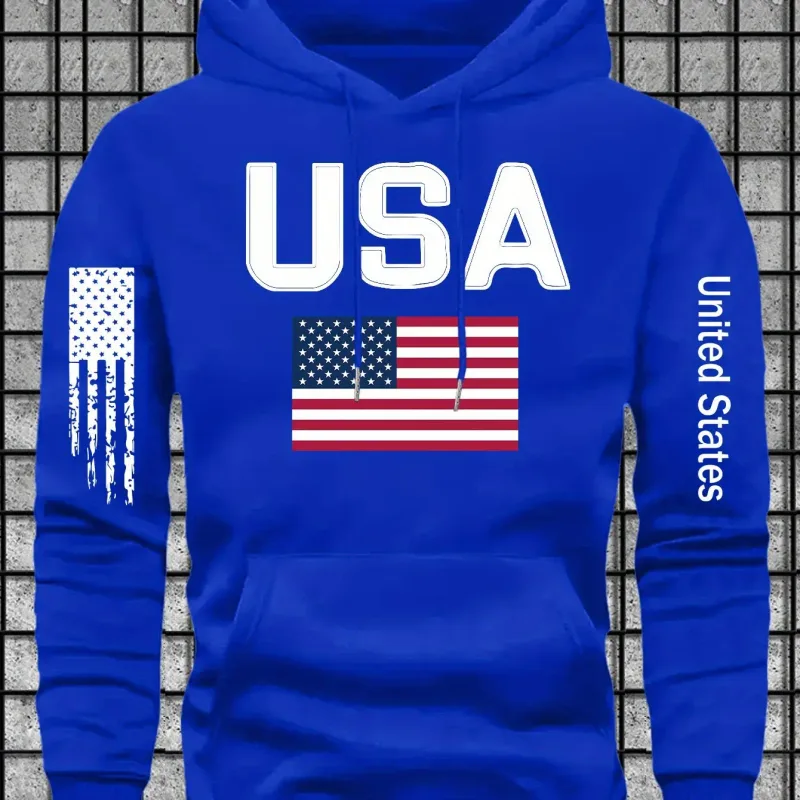 Urban patriotic-themed men's hooded sweatshirt with USA lettered and flag graphics. Street fashion design, loose turtleneck top.