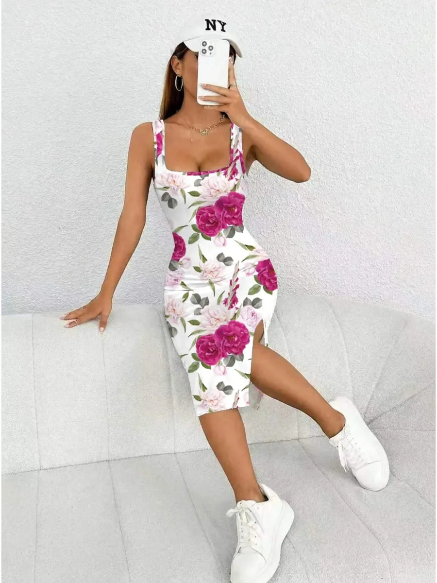 Women's Floral Print Sleeveless Dress Casual Elegant Comfortable Mid-Length Skirt with Thick Shoulder Strap Square Neck Slit