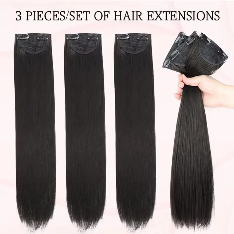 24Inch Synthetic 3pcs/set Long Straight Hair Extension Lightweight Black Brown Hair Accessories for Women Daily