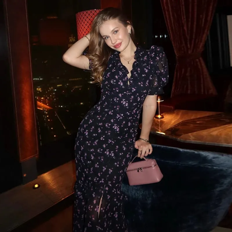 Elegant Printed Lace Trim V-Neck Dress Women Puff Sleeve Ruffled Hem Slit Maxi Dresses 2026 Summer New Lady Fashion Evening Wear