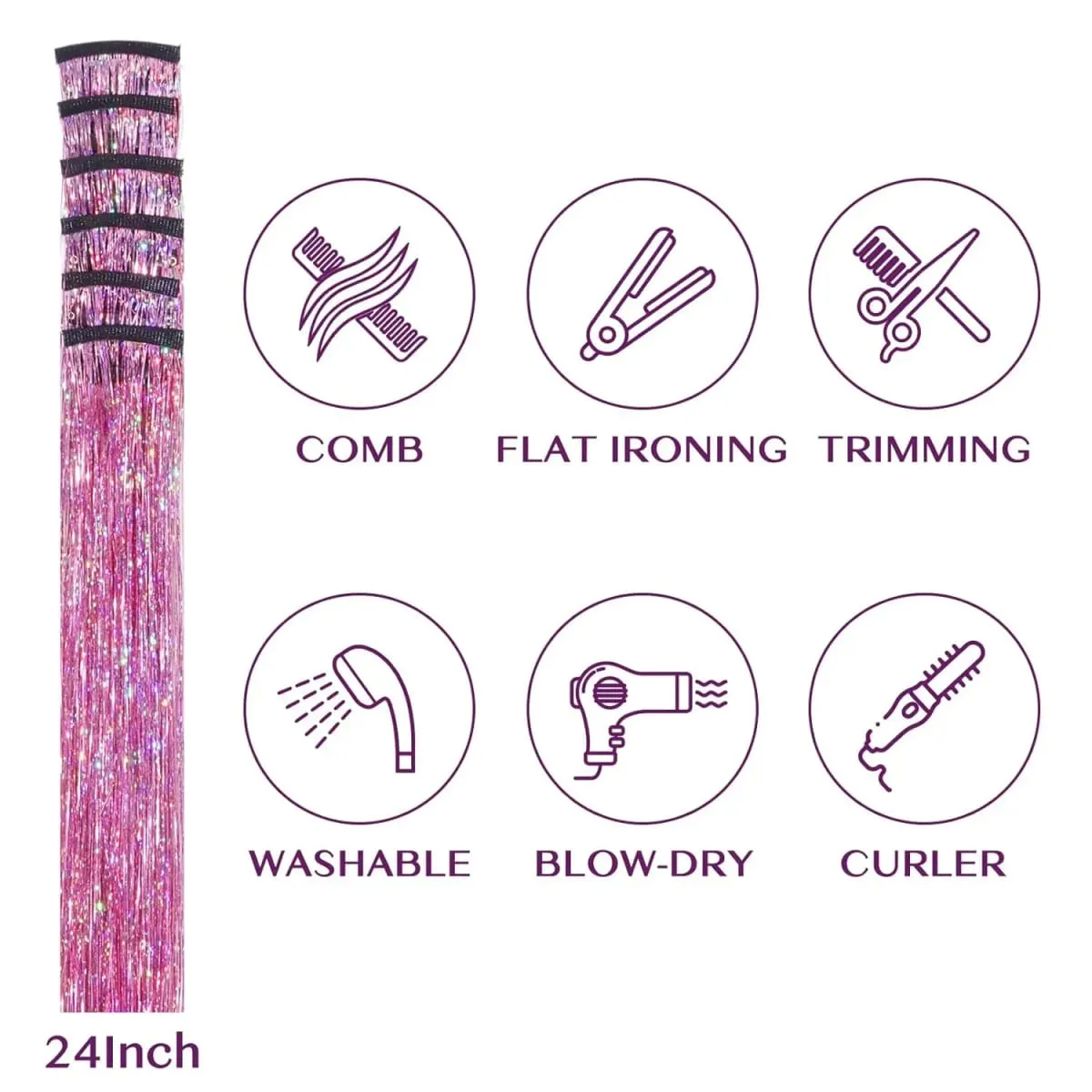 Hair Tinsel Clip in Dreamy Colorful Fairy Hair Tinsel Kit 24 Inch Glitter Clip in Hair Extensions for Girls Women Synthetic