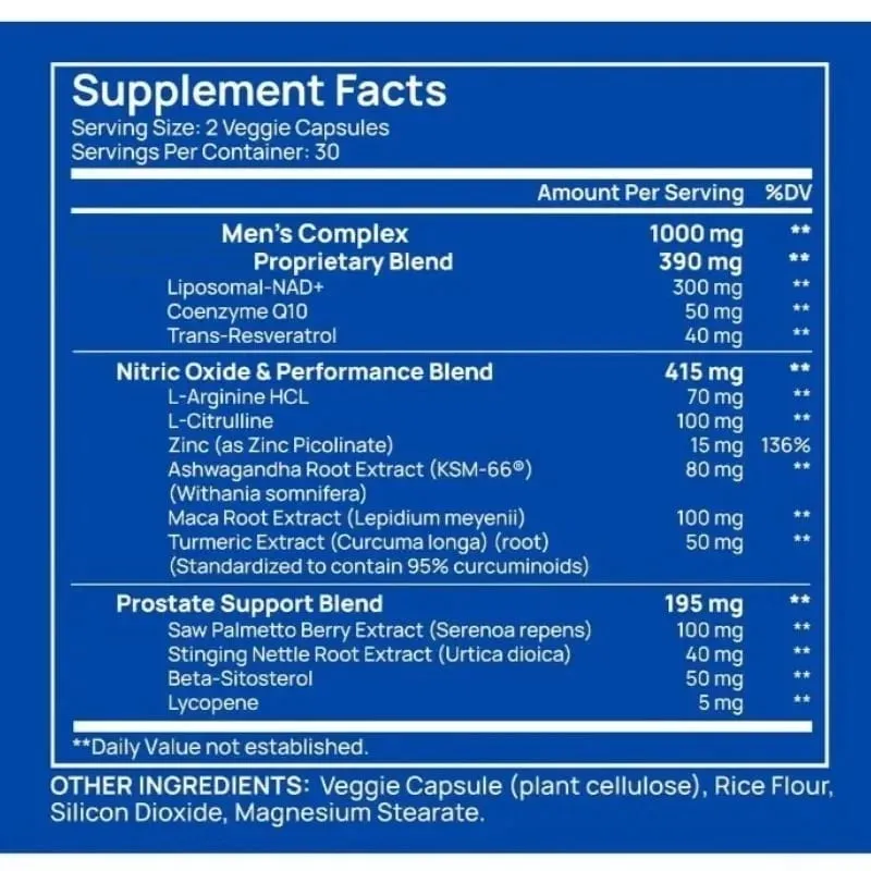 NAD+-Kapsel für Männer mit Resveratrol, CoQ10 und Zink, Nahrungsergänzung, Zellenergie, antioxidative Unterstützung, 60 Stück pro Flasche
